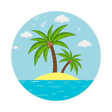 Palm trees with coconuts on island with clouds, sea and birds. Tropical landscape with palm trees. Vector.