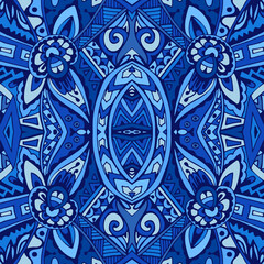 Texture seamless vector pattern arabesque from blue and white oriental tiles, ornaments doodle