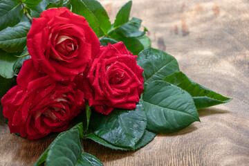 Multicolored bouquet of fresh roses on a wooden background. Beautiful flowers.