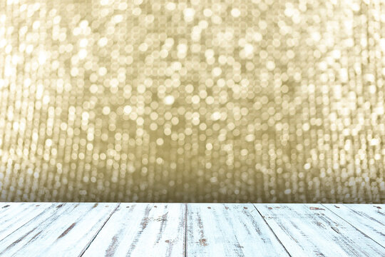 wood table lith blue color and green bokeh background