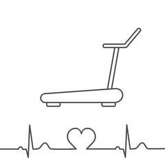 Treadmill with pulse line icon. Indoor exercise for cardiac stress test. Ergometer. Cardiopulmonary exercise test concept. Heart health. Black thin line icon on white background. Vector illustration