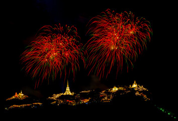 Beautiful fireworks display over the ancient palace in Thailand