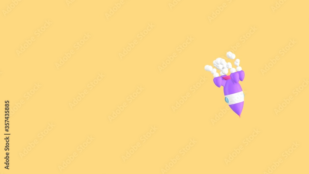Poster 3d rendering of a vintage toy rocket flying spinning in a circular path on a yellow background. spac