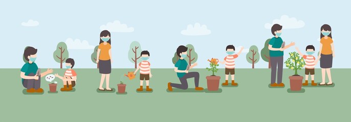 Parent and Child Wear Face Mask and Gardening Plant Lemon Tree Outside of Home to Use Family Time, vector, Illustration