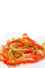 Rice wok with fried vegetables. Cooking rice fast food.