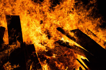 Bonfire burning wood in flames at night. Hot flame on smoldered logs. Strong orange color, close up