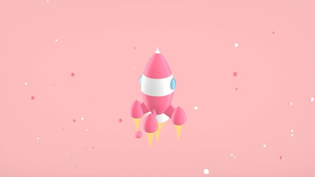3D rendering of a vintage toy rocket flying spinning among the stars on pink. Space travel cartoon style.