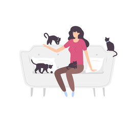 Young woman lying on sofa with her cats. Funny girl spending time with her domestic animals. Cute lady relaxing at home. Flat cartoon vector illustration.