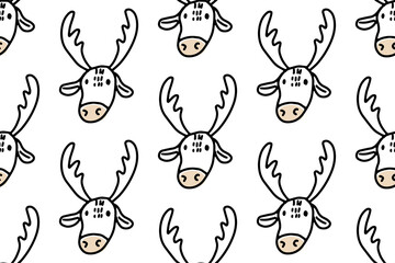 Hand drawn lines cartoon deer. Doodle seamless pattern for kids isolated on white background. For your fabric, textile design, wrapping paper or wallpaper.