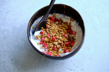 Strawberry granola with yoghurt, healthy snack