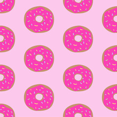 Fototapeta na wymiar Seamless pattern with pink donats on pink board. Funny cartoon illustration. Food print for textile, clothes, web, design, gift wrap and cards. Template for design. Jpg file