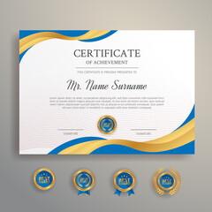 Obraz premium Blue and gold certificate with badge and border A4 template for award, business, and education needs