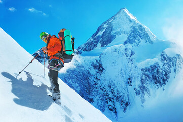 Climber reaches the top of mountain peak Everest. Nepal mountains. - obrazy, fototapety, plakaty