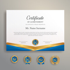 Blue and gold certificate with badge and border A4 template for award, business, and education needs