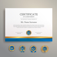 Fototapeta premium Blue and gold certificate with badge and border A4 template for award, business, and education needs