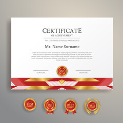 Red and gold certificate border template with badges for award, business, and education needs