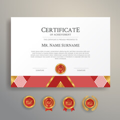 Fototapeta premium Red and gold certificate border template with badges for award, business, and education needs