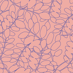 Seamless vector pattern with blue outline silhouettes of acacia leaves on pink background. Zero-waste, recycle eco-friendly tools. Packaging design, wrapping gifts, wallpaper web page background.