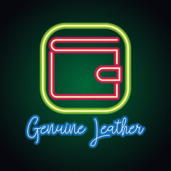 genuine leather neon sign for genuine leather leather store plank banner. vector illustration