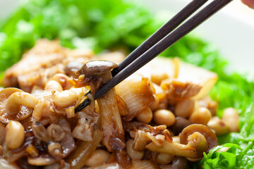 豆と豚肉、野菜のオイスター炒めのクローズアップ