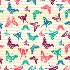Flying butterfly silhouettes over striped background vector seamless pattern.