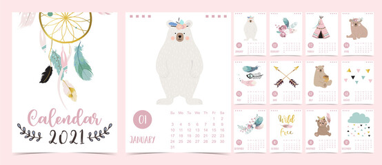 Cute boho calendar 2021 with bear, dreamcatcher, feather for children, kid, baby