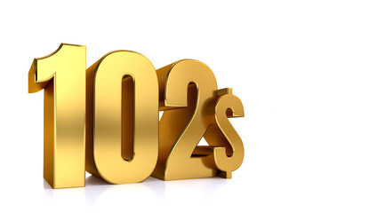 102$. one hundred two price symbol. gold text 3d render. on white background