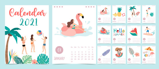 Cute summer calendar 2021 with people,beach,watermelon,coconut tree for children, kid, baby