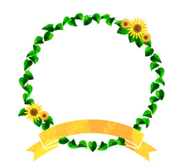 シンプルなひまわりのリースのイラスト、リボン付き