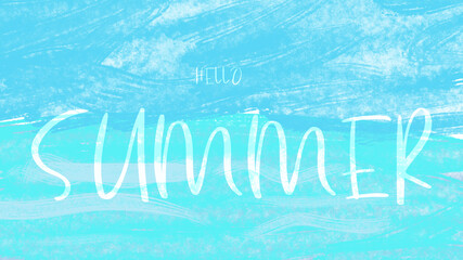 Hello Summer written on a turquoise watercolor background