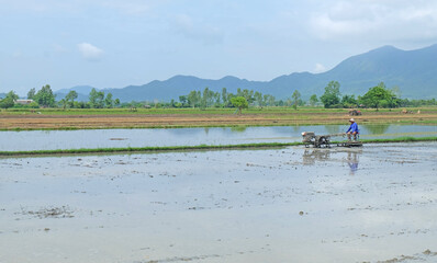 Farmers are plowing to prepare their land for rice cultivation during the rainy season. Beautiful landscapes view in the countryside, mountains, field and sky at Chiangmai Rai, Thailand.