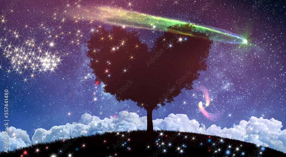 Wall mural fantasy night lanscape with tree and starry sky with comets