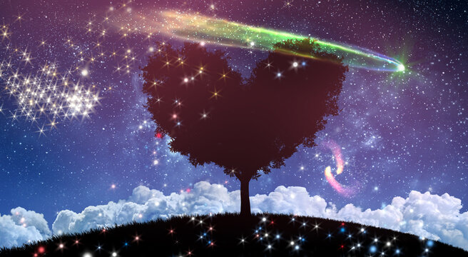 fantasy night lanscape with tree and starry sky with comets