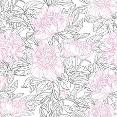 Seamless pattern of pink flowers peonies graphics
