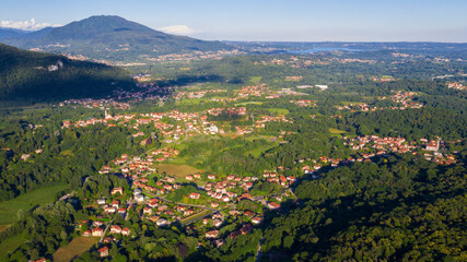 Fototapeta na wymiar Aerial view of Leggiuno and Varese Lake, in Italy, during the summer season
