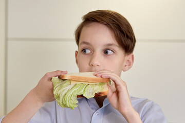 Close-up face of a handsome brunet boy who eats a sandwich.