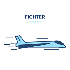Fighter jet icon. Vector flat outline illustration of a small and fast military jet fighter flying. Represents a concept of modern aicraft, supersonic speed, reactive plane and military aviation