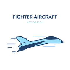 Fighter plane icon. Vector flat outline illustration of a small and fast military jet fighter flying. Represents a concept of modern aicraft, supersonic speed, reactive plane and military aviation