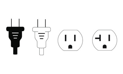 Electrical 2 prong plugs next to a NEMA 5-15 grounded power, and AFCI Outlet Arc Fault Receptacle / ac socket line art vector icon for apps and websites