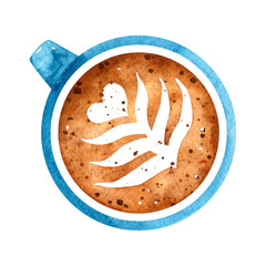 Blue watercolor cup of coffee with latte art isolated on white background -  top view.
Hand drawn illustration.
Perfect for your project, cards, print, covers or menu.