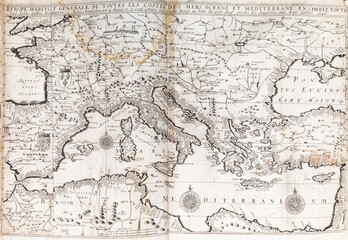 Old map of Southern Europe - From an 1656 Atlas of Geography from P. du Val - France (Private collection)