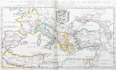 Fototapeta na wymiar Old map of the Roman Empire (Mediterranean sea) - From an 1656 Atlas of Geography from P. du Val - France (Private collection)