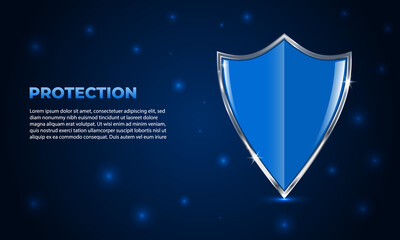 Shield protection. Glowing futuristic security shield on dark blue background with highlights. Guard shield, data protection concept, cyber security vector backdrop. Vector illustration EPS10.