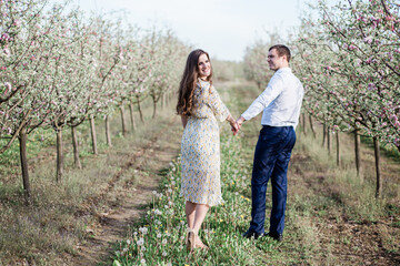 lovely loving couple walking in a freshly blooming apple orchard, spending time together outdoors