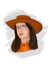 Portrait of a girl in retro style. Hats and glasses. İllustration drawing