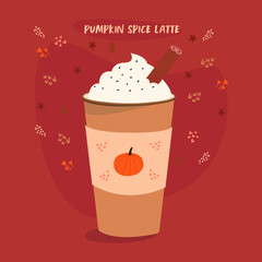 Pumpkin spice latte flat vector cartoon illustration. Autumn decorated with a paper Cup of coffee with whipped cream, sprinkles and a stick of cinnamon. Colorful design with many graphic elements