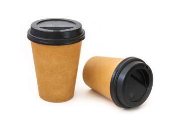 Paper cup with black cover on white background