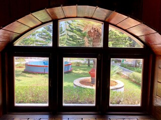 View of garden from the window frame