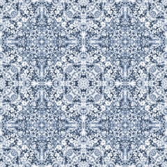 Bohemian symmetric seamless pattern. Blue and white repeated abstract texture for fabric, wallpaper, cloth print, interior decoration.