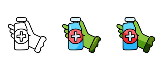 This is a set of icons with a different style of gloves with potion. Contour and color glove symbols with potion. Stylish web site solution.